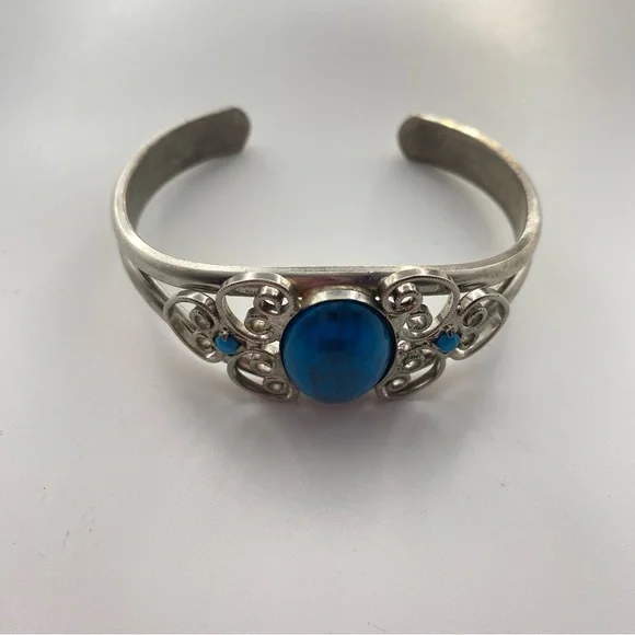 Artisan Silver tone Cuff Bracelet with Blue/Turquoise Cabachon Accents 6.5” - Picture 6 of 10